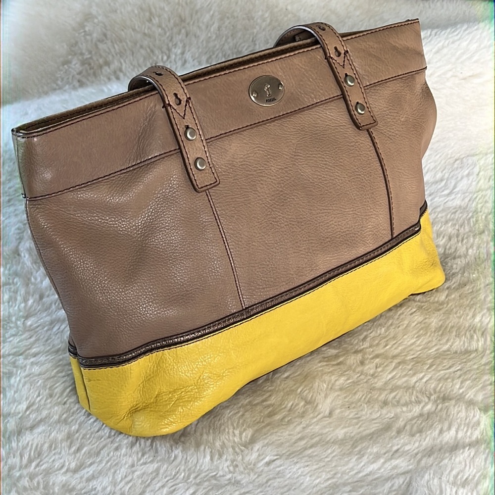 Fossil Color Block Light Tan W/Yellow Cow Hide To… - image 5